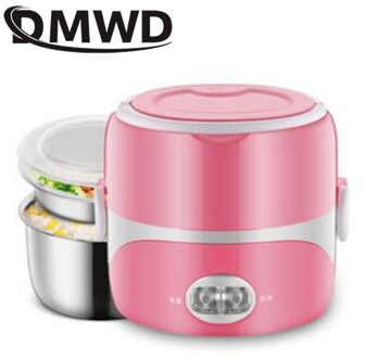 Dmwd 2L Draagbare Elektrische Verwarmde Voedsel Lunchbox Mini Rijstkoker Roestvrij Staal 3 Lagen Liner Stoomboot Picknick Container Warmer roze two layers
