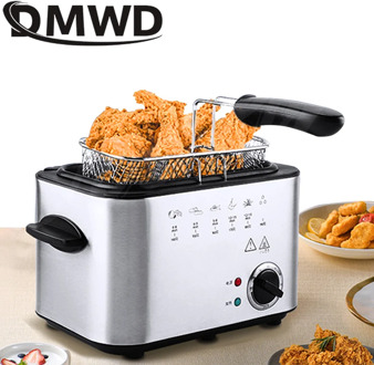 DMWD Stainless Steel Single Tank 1.5L Electric Deep Fryer Smokeless French Fries Chicken Frying Pot Grill Mini Hotpot Oven EU US