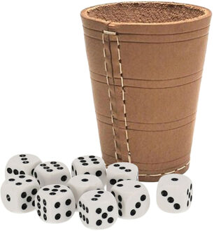Dobbelbeker - leer - incl. 10x dobbelstenen - 10 cm - dobbelstenen schudden