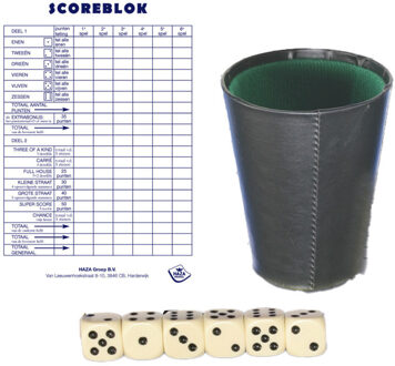Dobbelspel met beker - inclusief 6x dobbelstenen en 2x scoreblok - speelset