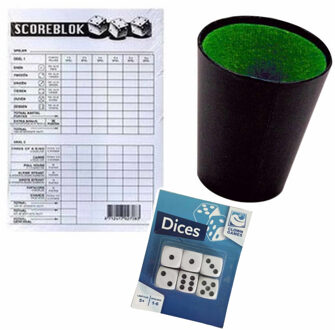 Dobbelstenen yatzee spel - 6x stenen - met beker - en scoreblok van 100 paginas - spelletjes