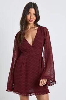Dobby Mini Wrap-Jurk Met Flare Mouwen, Chocolate - 36