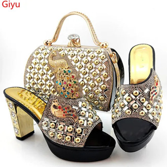 doershow New Arrival African Wedding Shoes and Bag Set black Italian Shoes with Matching Bags Nigerian Women party! HYG1-17