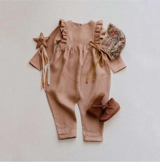 Dojhonkids Baby Boy Meisjes Linnen Cargo Broek Lange Mouwen Kant Ruche Overalls Kids Rompertjes Peuter Een Stuk Jumpsuit broek abrikoos / 4T