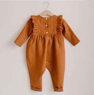 Dojhonkids Baby Boy Meisjes Linnen Cargo Broek Lange Mouwen Kant Ruche Overalls Kids Rompertjes Peuter Een Stuk Jumpsuit broek Oranje / 4T