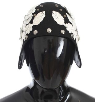 Dolce & Gabbana Black Wool White Floral Gold Leaf Women's Hat Zwart - One Size