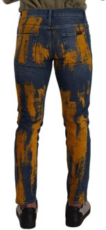 Dolce & Gabbana Blauwe Gele Verf Katoenen Skinny Heren Denim Jeans Zwart