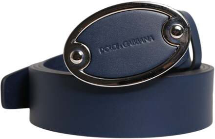 Dolce & Gabbana Blauwe Leren Classieke Metalen Logo Gesp Riem - 110 cm