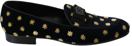 Dolce & Gabbana Blauwe Velvet Loafers met Kroonversiering Dolce & Gabbana , Black , Heren - 40 Eu,39 EU