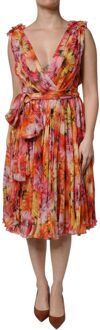 Dolce & Gabbana Bloemenprint Plissé Midi-jurk - maat Koraal