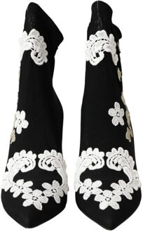 Dolce & Gabbana Bloemrijk Geborduurde Enkelboots Zwart