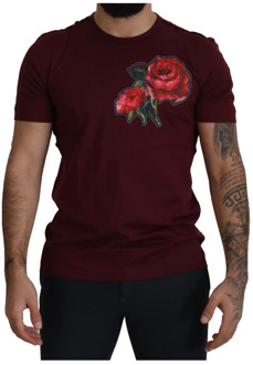 Dolce & Gabbana Bordeaux Roses Crewneck T-shirt Dolce & Gabbana , Red , Heren - Xl,L,M