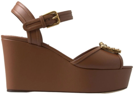 Dolce & Gabbana Bruine leren sleehak sandalen met Amore-logo Dolce & Gabbana , Brown , Dames - 37 Eu,35 1/2 Eu,35 Eu,36 EU