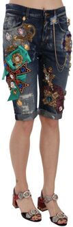 Dolce & Gabbana Dames Blauwe Denim Mid Waist Kristallen Capri Shorts Zwart