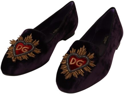 Dolce & Gabbana Dames Paarse Fluwelen DG Hart Instappers Flats Schoenen - EU 37.5 / UK 4.5