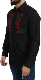 Dolce & Gabbana Elegante Bloemenborduursel Katoenen Overhemd voor Heren - maat Zwart
