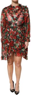 Dolce & Gabbana Floral Print Mini Jurk Ruffles Donkerrood - EU 38 / UK 10