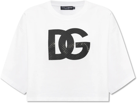 Dolce & Gabbana Geknipt T-shirt met logo Dolce & Gabbana , White , Dames - S,Xs,3Xs,2Xs