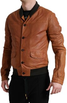 Dolce & Gabbana Geperforeerde Bomber Lederen Jas - maat EU 48 Bruin