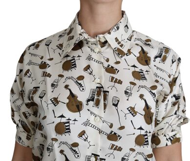 Dolce & Gabbana Geprinte Zijde Polo Top Ivoor - EU 38 / UK 10