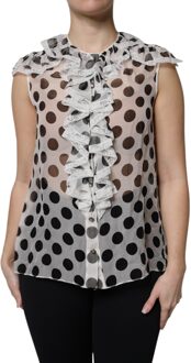 Dolce & Gabbana Gestippelde Zijde Blouse met Rimpelnek Wit - EU 36 / UK 8