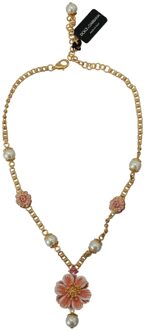 Dolce & Gabbana Gouden Tinten Bloemige Kristallen Roze Versierde Ketting - maat