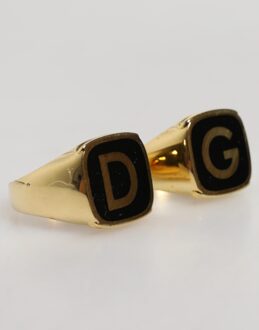 Dolce & Gabbana Goudkleurige Echte Messing Zwarte Emaille 'DG' Verstelbare Ringen Zwart/goud - One Size