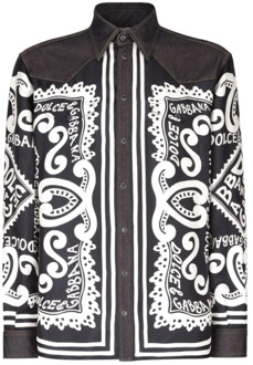 Dolce & Gabbana Grafische Print Denim-Trim Overhemd Dolce & Gabbana , Black , Heren - 2Xl,Xl,M