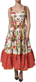 Dolce & Gabbana Groene Print Ruffle Midi Jurk Wit - EU 40 / UK 12