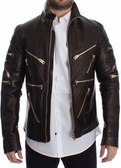 Dolce & Gabbana Heren Bruin Lamsleer Leren Rits Jas - maat M