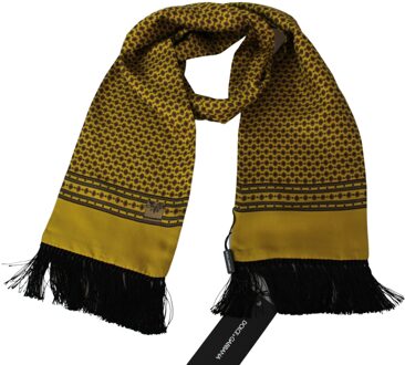 Dolce & Gabbana Heren Sjaal Geel Gedessineerde Zijde Nek Wikkel Franjes