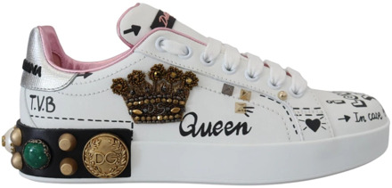 Dolce & Gabbana Koningin Kroon Leren Sneakers Dolce & Gabbana , White , Dames - 34 EU