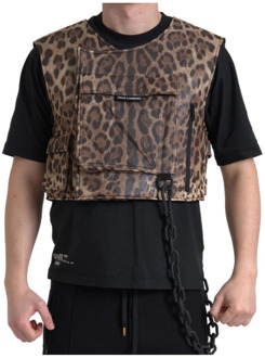 Dolce & Gabbana Leopard Zijden Mouwloze Sportswear Vest Dolce & Gabbana , Brown , Heren