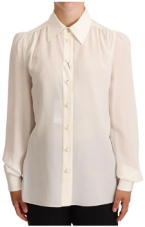 Dolce & Gabbana Luxe Zijden Polo Shirt met Lange Mouwen Dolce & Gabbana , White , Dames - 3XS
