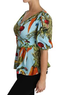Dolce & Gabbana Multicolore Groenteprint Zijden Top Peplum Wikkelblouse Veelkleurig