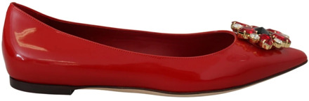 Dolce & Gabbana Rode Leren Kristallen Loafers Platte Schoenen Dolce & Gabbana , Red , Dames - 36 1/2 Eu,37 1/2 Eu,35 Eu,37 EU