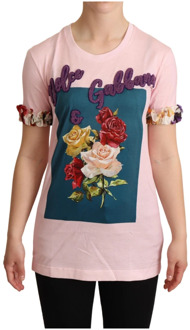 Dolce & Gabbana Roze Bloemen Crewneck T-shirt Dolce & Gabbana , Pink , Dames - 3XS