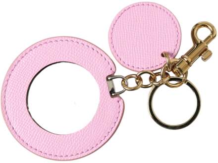 Dolce & Gabbana Roze Kalfskleder Gouden Metaallogo Print Sleutelhanger Sleutelhanger - maat