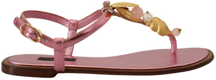 Dolce & Gabbana Roze Versierde Slides Platte Sandalen Dolce & Gabbana , Pink , Dames - 37 Eu,36 EU