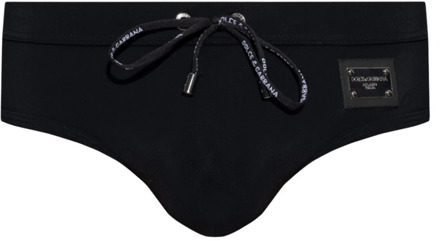 Dolce & Gabbana Strandkleding, Zwarte zwembroek met geborduurde veters en logo-applicatie Dolce & Gabbana , Black , Heren - Xl,L,M,S