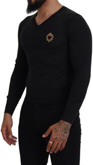 Dolce & Gabbana V-hals Trui Heilig Hart Applicatie Zwart - EU 44