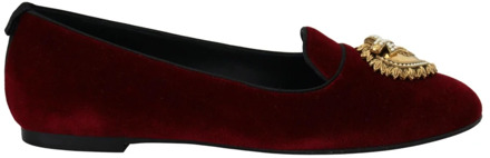 Dolce & Gabbana Velvet Loafers met Gouden Hart Dolce & Gabbana , Red , Dames - 35 1/2 Eu,37 Eu,36 1/2 EU