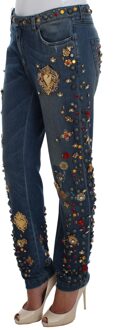 Dolce & Gabbana Vrouwen Kristal Rozen Hart Versierde Jeans - maat Blauw