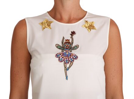 Dolce & Gabbana Vrouwen Top van Wit Zijde Versierd Kristal Pailletten - S