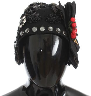 Dolce & Gabbana Vrouwen Zwart Kristal Gouden Kersen Broche Hoed - One Size