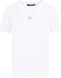 Dolce & Gabbana Wit Katoenen T-shirt met Kristal Monogram Dolce & Gabbana , White , Dames - 2XS