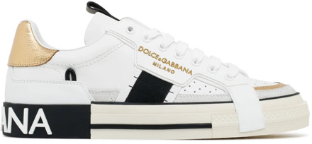 Dolce & Gabbana Witte en Gouden Leren Custom Sneakers Dolce & Gabbana , White , Heren - 40 1/2 Eu,43 1/2 Eu,44 Eu,42 Eu,41 Eu,41 1/2 Eu,39 1/2 Eu,40 Eu,45 Eu,46 EU