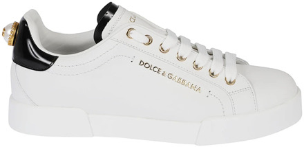 Dolce & Gabbana Witte Leren Sneakers Amandel Teen Dolce & Gabbana , White , Dames - 38 Eu,37 Eu,39 EU