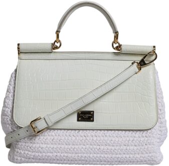 Dolce & Gabbana Witte Rafia Leren Schoudertas met Handvat - maat