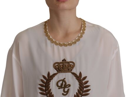 Dolce & Gabbana Witte Zijden Gouden DG Kroon Kristallen Blouse Dames Top
